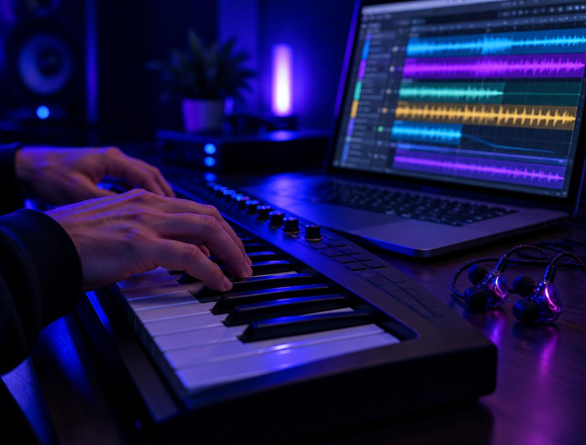 Músico tocando teclado frente a una sesión multitrack